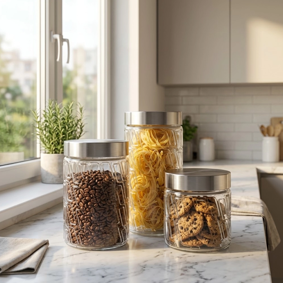 CONJUNTO DE POTES DE VIDRO COM TAMPA INOX 3 PEÇAS MOSAICO EURO HOME