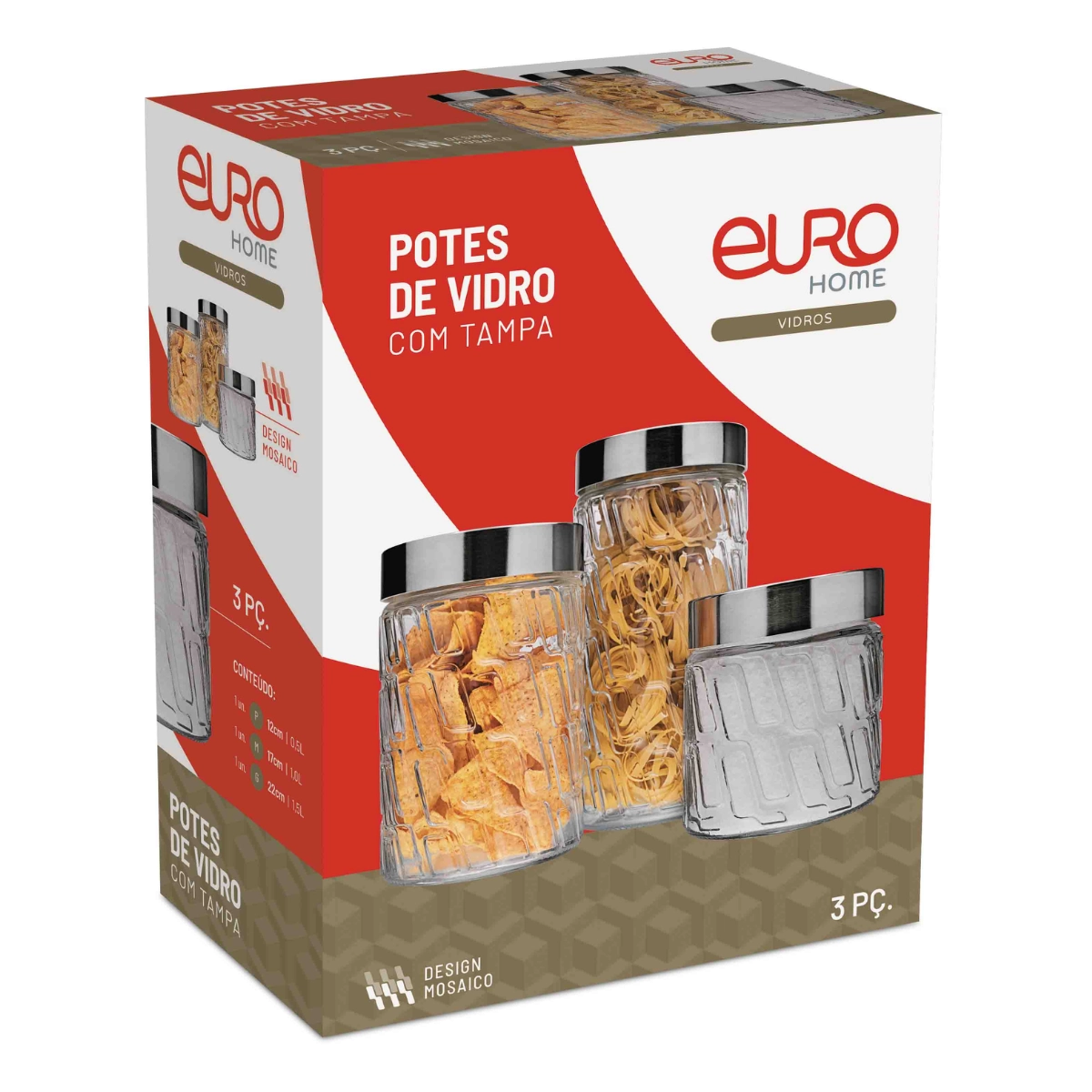 CONJUNTO DE POTES DE VIDRO COM TAMPA INOX 3 PEÇAS MOSAICO EURO HOME