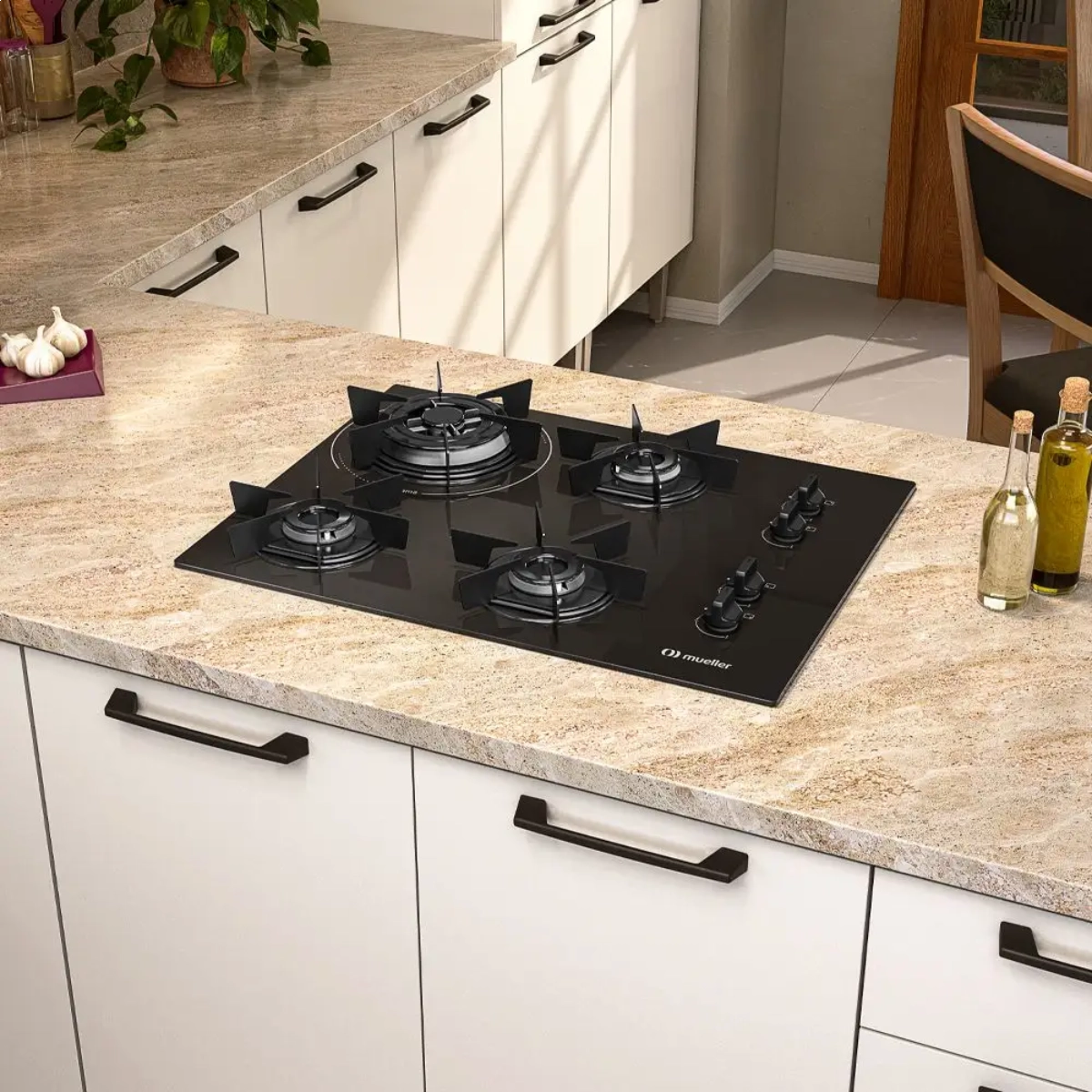 COOKTOP 4 BOCAS A GÁS MUELLER MESA DE VIDRO TRIPLA CHAMA MCG4BC BIVOLT