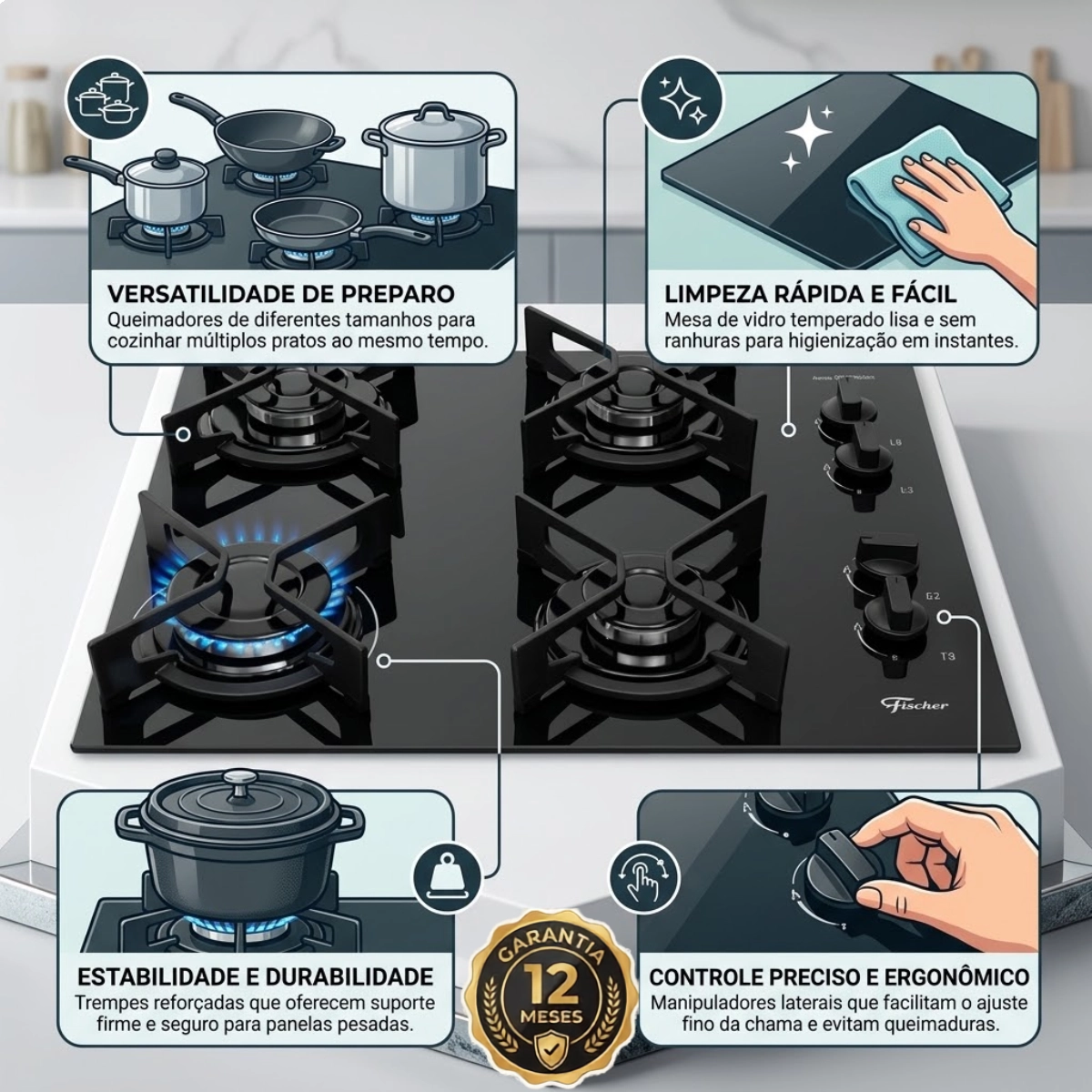 COOKTOP 4 BOCAS A GAS FISCHER VIDRO PRETO TREMPE RAPIDA IRON COOKTOP 4 BOCAS A GAS FISCHER VIDRO PRETO TREMPE RAPIDA IRON