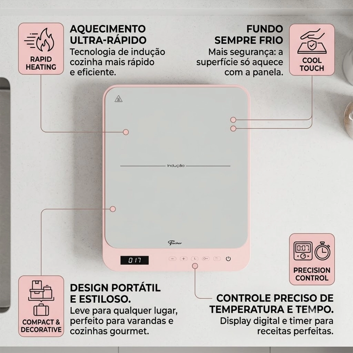 COOKTOP DE INDUCAO FISCHER 1 BOCA BIVOLT ROSA TOUCH SCREEN PORTATIL