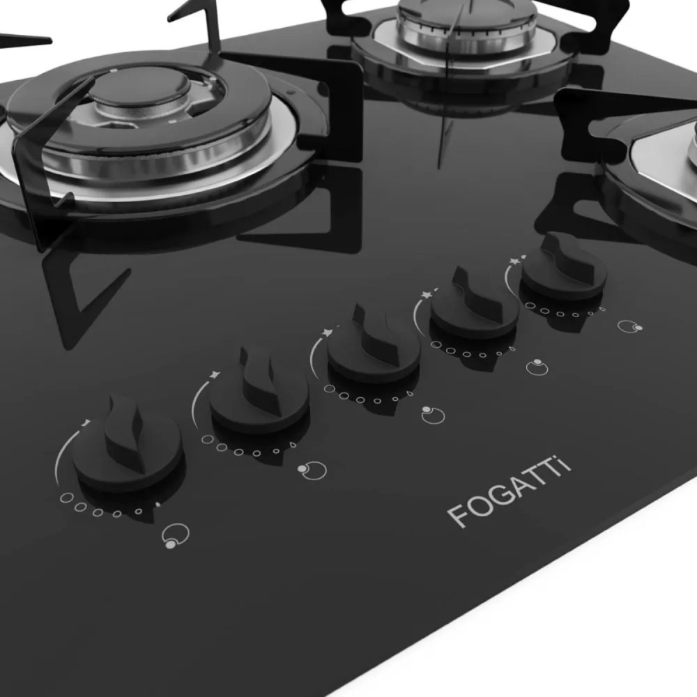 COOKTOP FOGATTI À GÁS FGT 5B TC VIDRO PRETO FLANGE INOX BIVOLT