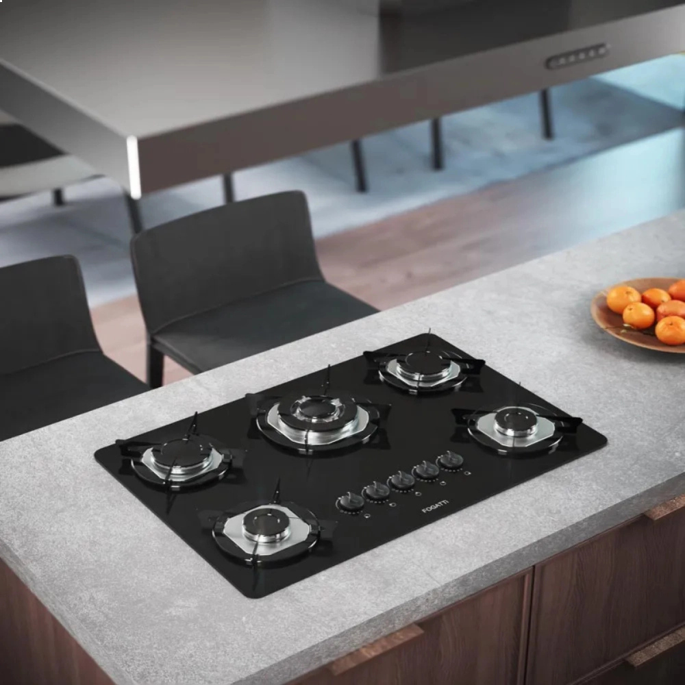 COOKTOP FOGATTI À GÁS FGT 5B TC VIDRO PRETO FLANGE INOX BIVOLT
