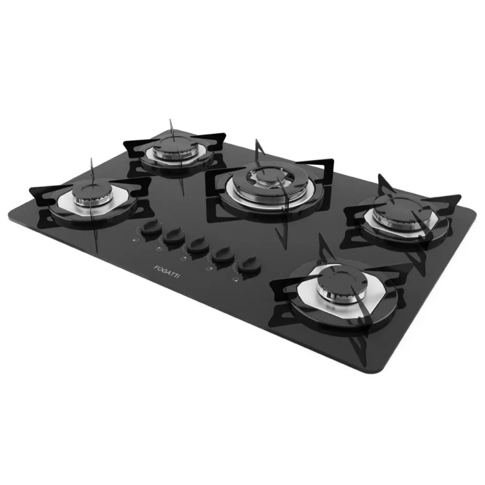 COOKTOP FOGATTI À GÁS FGT 5B TC VIDRO PRETO FLANGE INOX BIVOLT