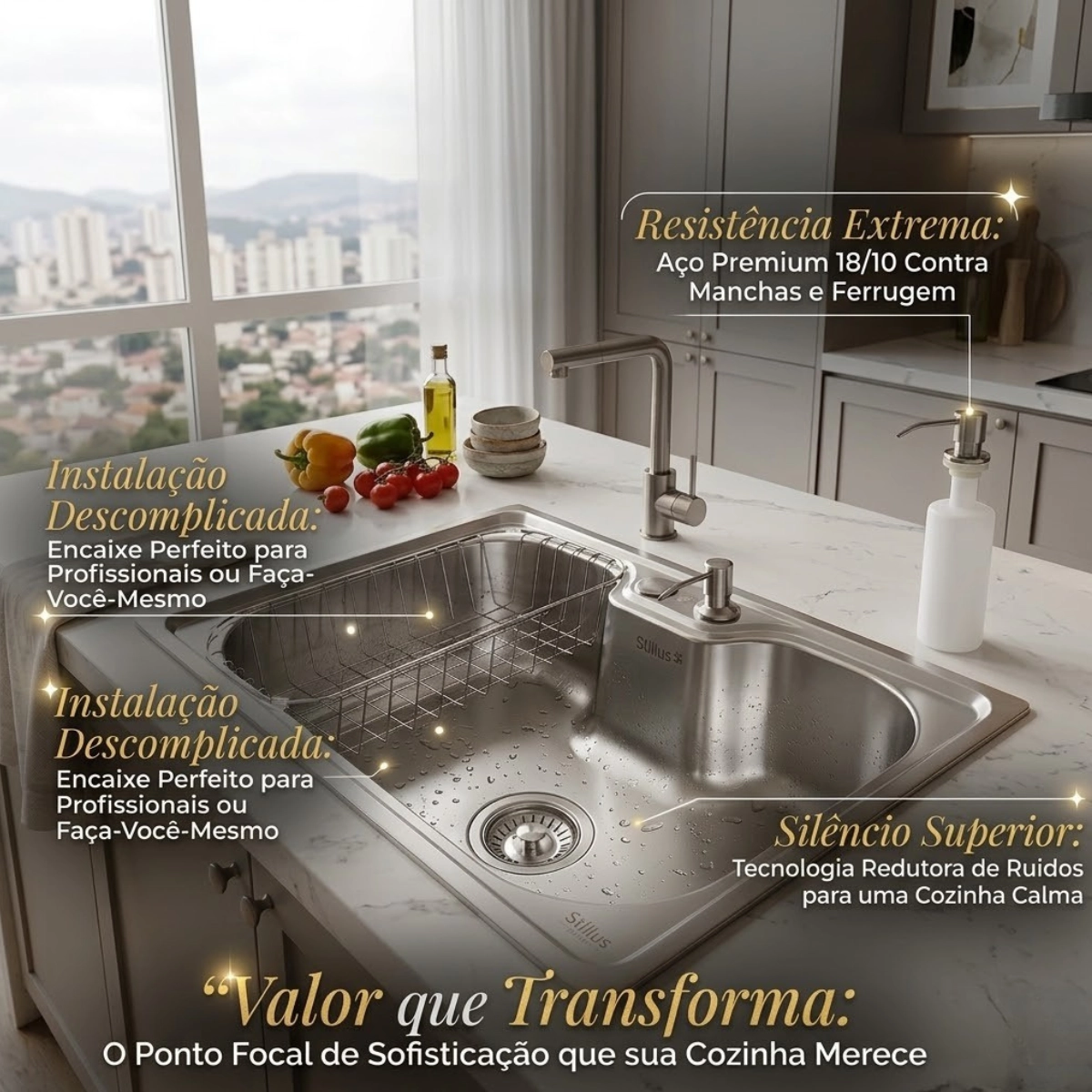 CUBA GOURMET INOX 60X42CM COM ESCORREDOR DISPENSER E VÁLVULA
