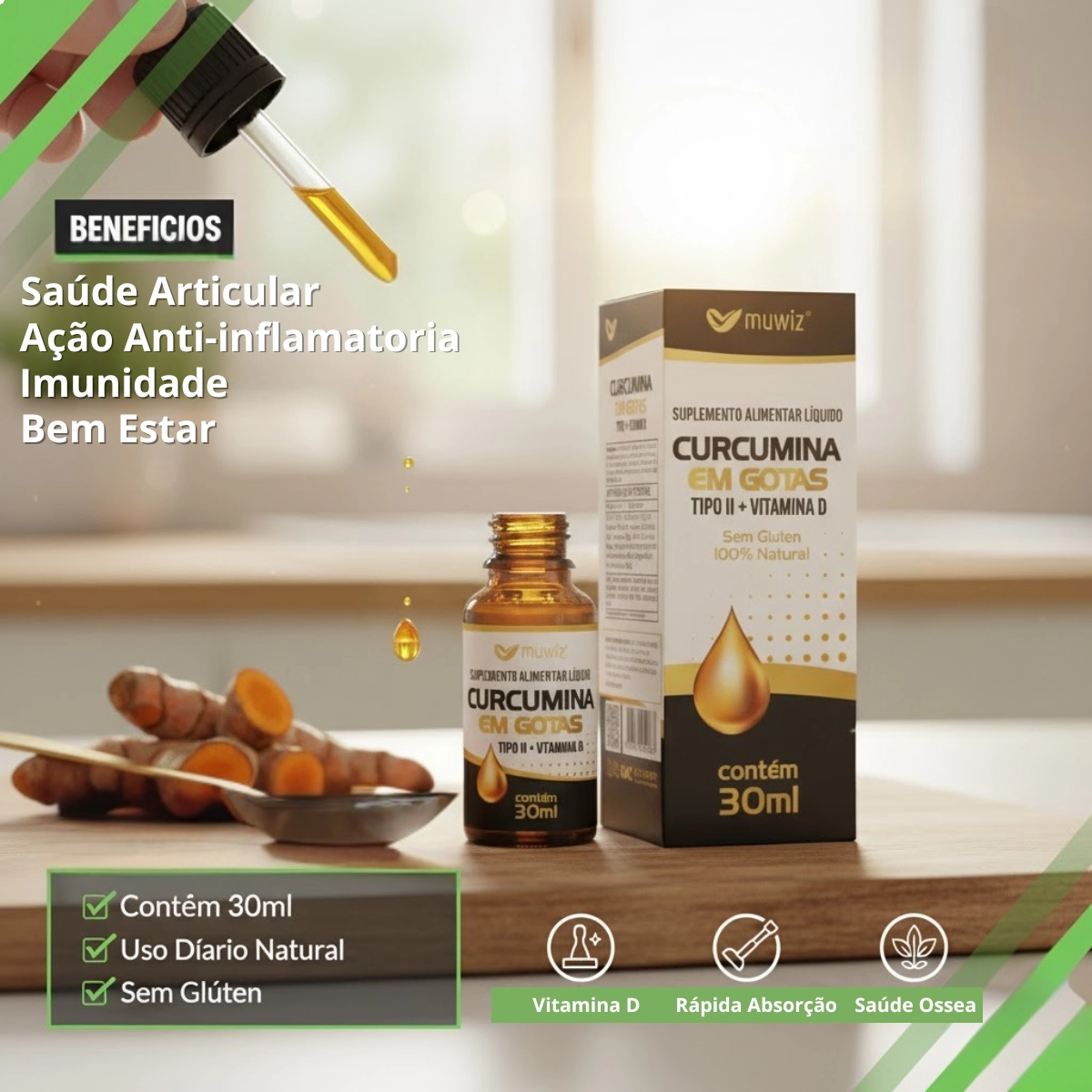 CURCUMINA EM GOTAS COM COLAGENO TIPO II VITAMINA D 30ML