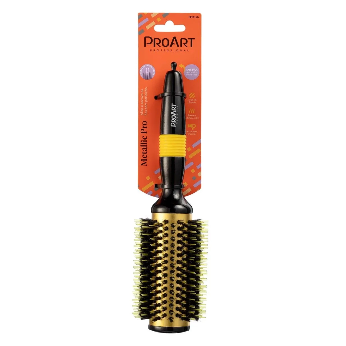 ESCOVA DE CABELO METALICA PRO AMARELA 38MM TÉRMICA CERDAS DUPLAS