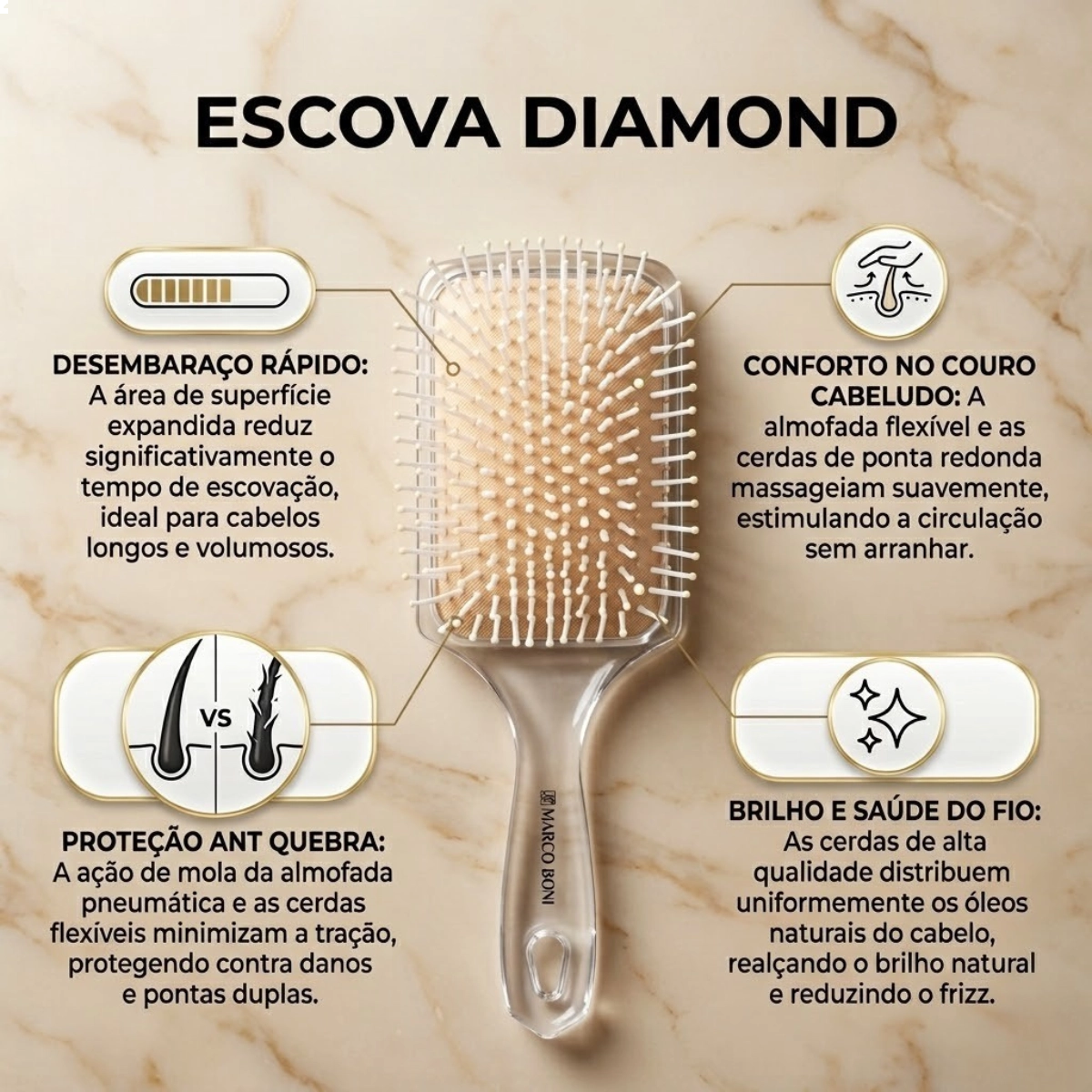 ESCOVA DE CABELO PROFISSIONAL RAQUETE DIAMOND MARCO BONI ESCOVA DE CABELO PROFISSIONAL RAQUETE DIAMOND MARCO BONI