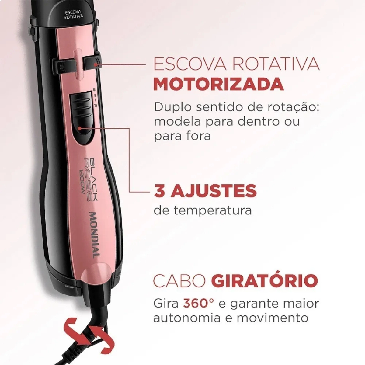 ESCOVA DE CABELO ROTATIVA MONDIAL 1200W BLACK ROSE 127V ESCOVA DE CABELO ROTATIVA MONDIAL 1200W BLACK ROSE 127V