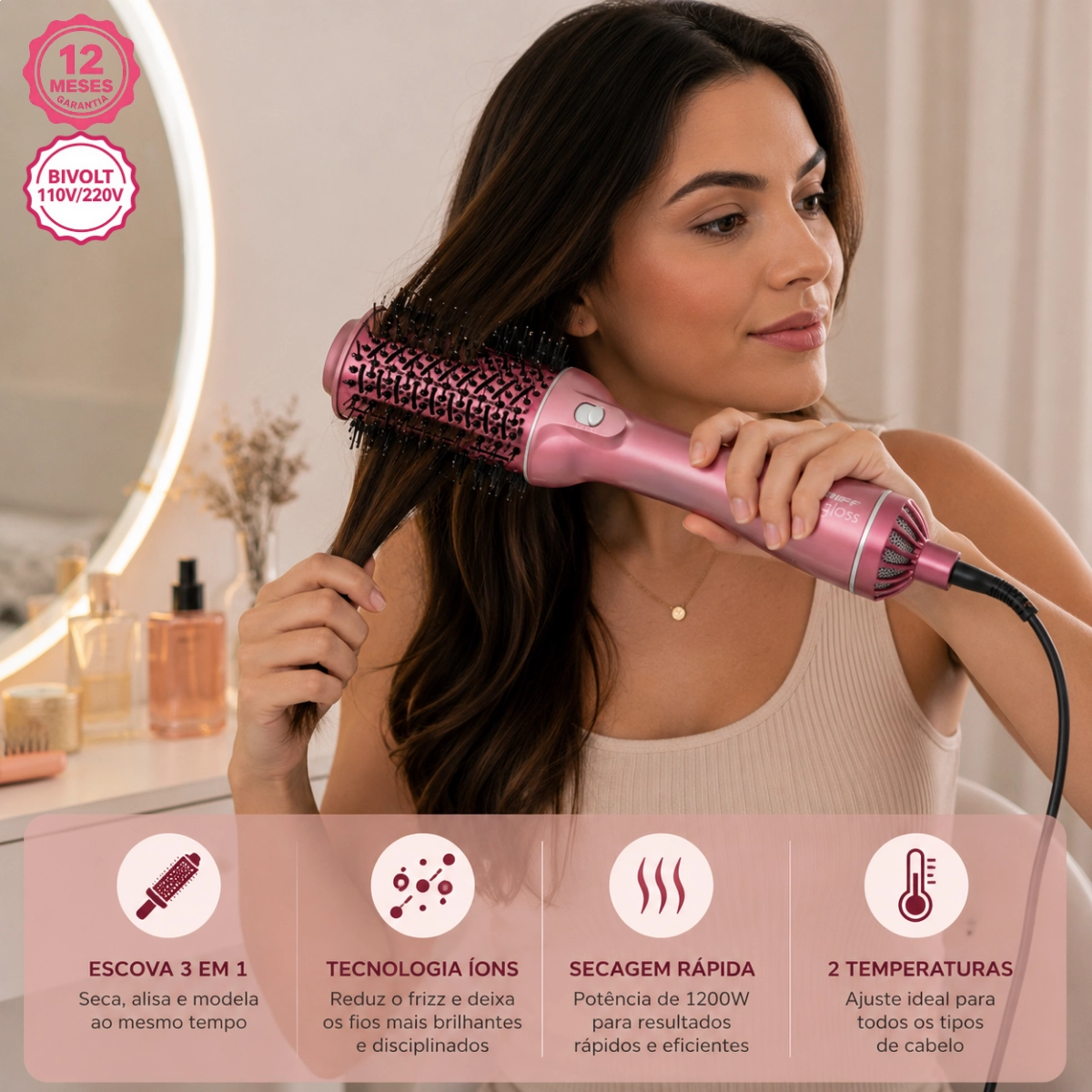 ESCOVA SECADORA ALISADORA MODELADORA TAIFF GLOSS ROSE BIVOLT