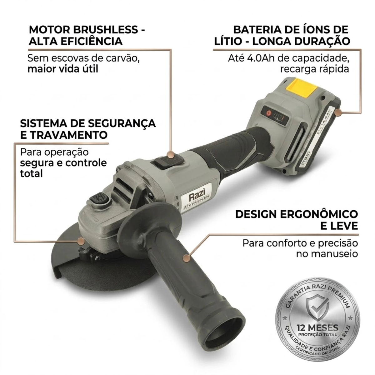 ESMERILHADEIRA ANGULAR BRUSHLESS BATERIA 21V 4,0AH RAZI ESMERILHADEIRA ANGULAR BRUSHLESS BATERIA 21V 4,0AH RAZI