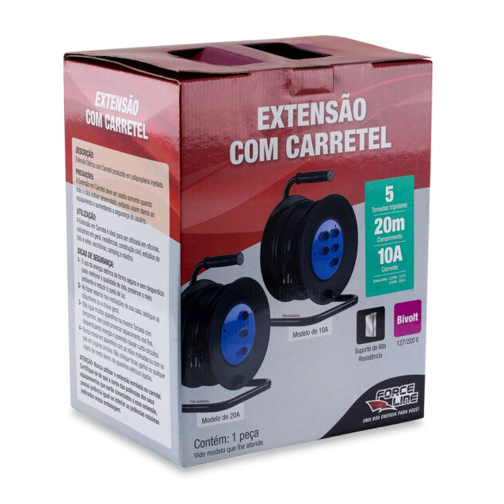 EXTENSÃO COM CARRETEL FORCELINE 20M PRETO/AZUL 10A