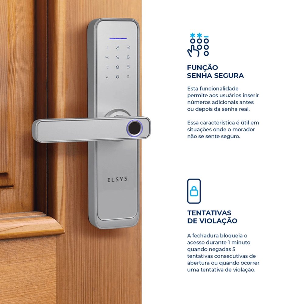FECHADURA DIGITAL DE EMBUTIR COM WI-FI BIOMETRIA E SENHA NUMÉRICA ELSYS PRATA 