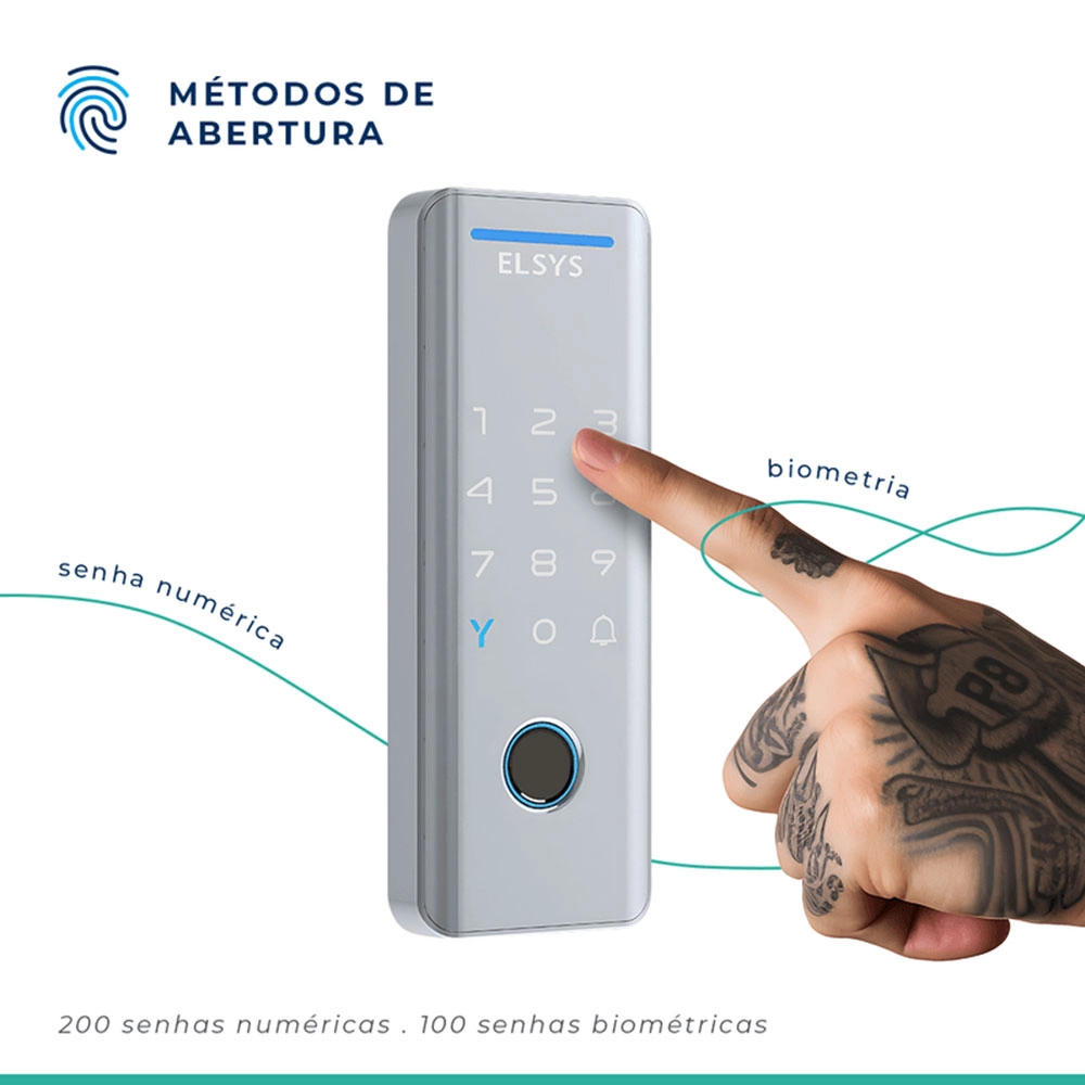 FECHADURA DIGITAL DE SOBREPOR ELSYS VERTICAL WI-FI TECNO ABERTURA POR BIOMETRIA PRATA 