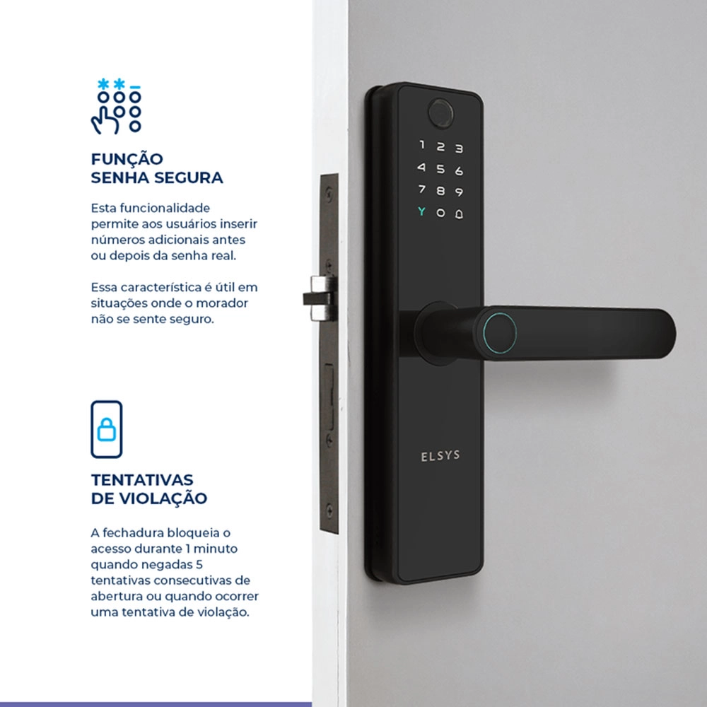 Fechadura Digital Sax de Embutir Elsys com Camera Wi-fi e Abertura Biometrica Preta