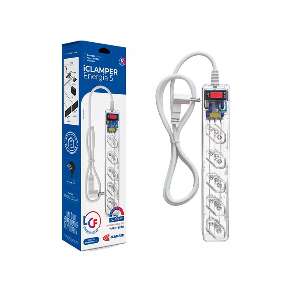 FILTRO DE LINHA + DPS ICLAMPER 5 TOMADAS LCF TRANSPARENTE
