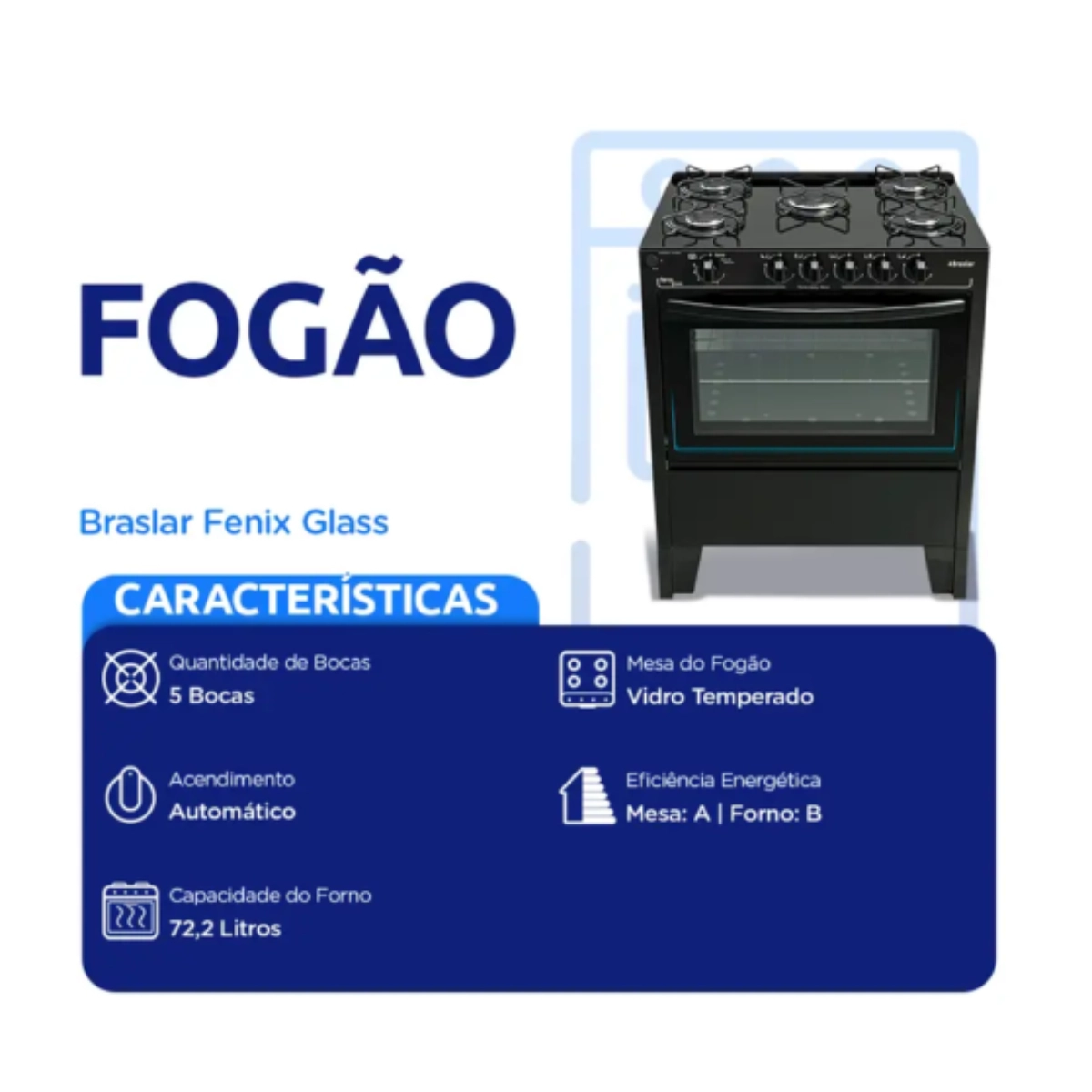 Fogão 5 Bocas Braslar Fenix Glass Automático Mesa de Vidro e Forno Grande