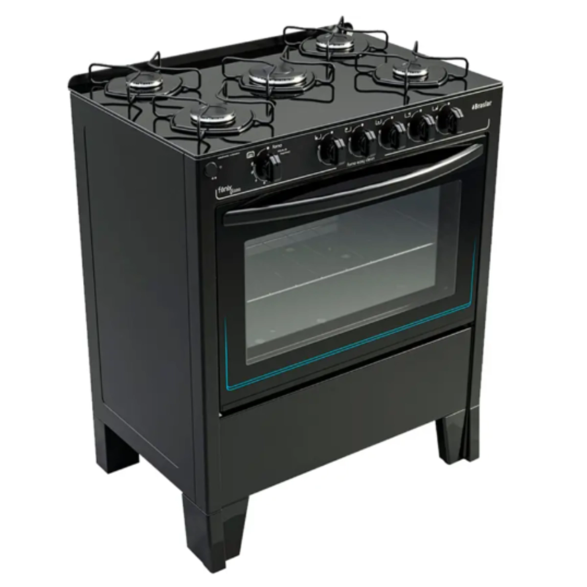 Fogão 5 Bocas Braslar Fenix Glass Automático Mesa de Vidro e Forno Grande
