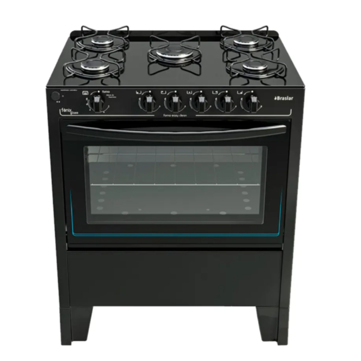 Fogão 5 Bocas Braslar Fenix Glass Automático Mesa de Vidro e Forno Grande