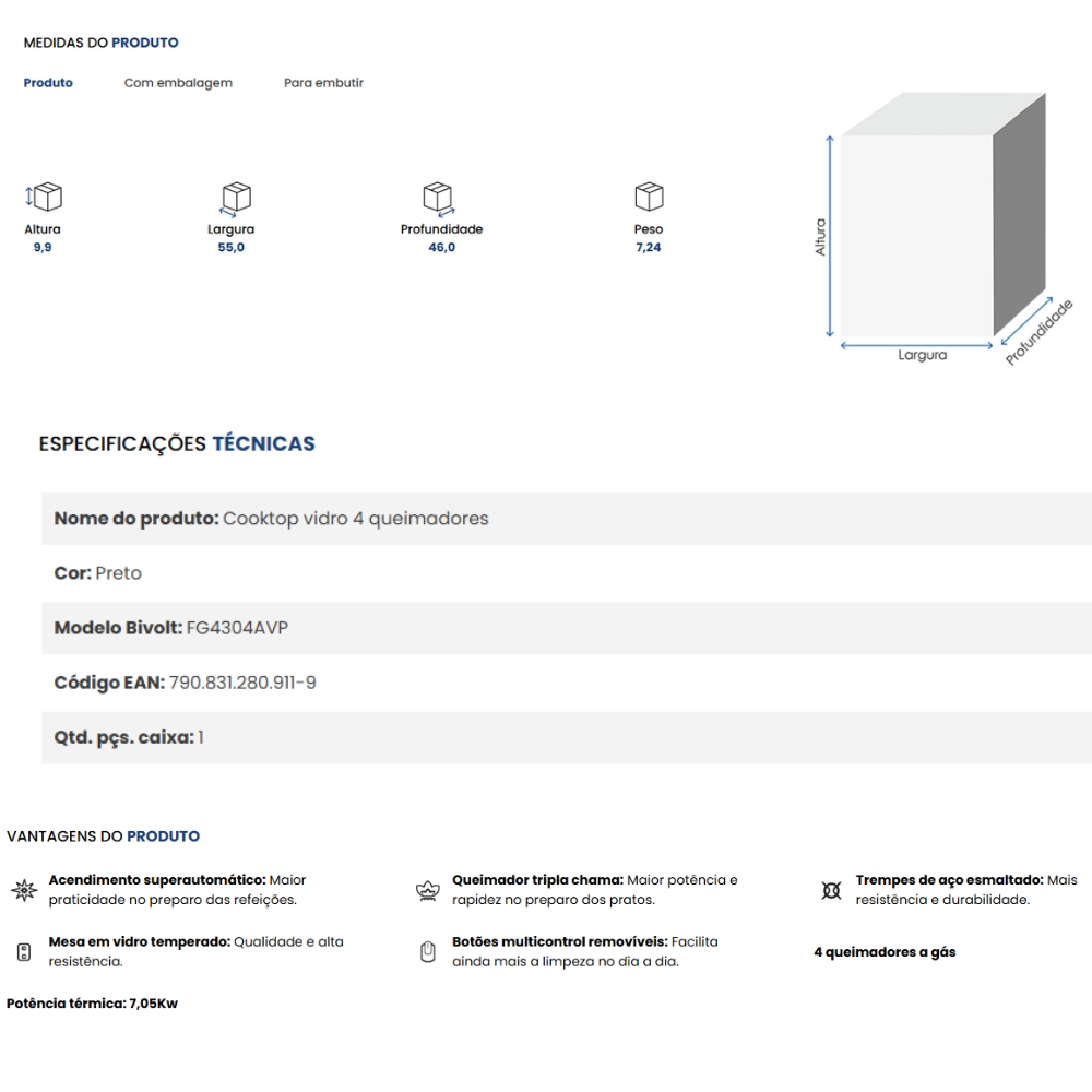 Fogão de Mesa Cooktop 4 Bocas Fg4304avp