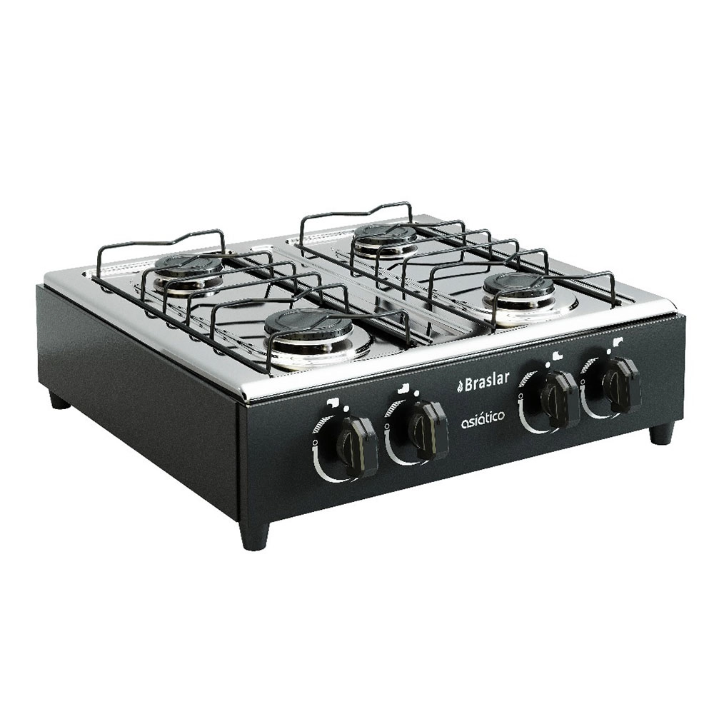 Fogão Portátil 4 Bocas A Gás Braslar Asiático com Mesa Inox Preto