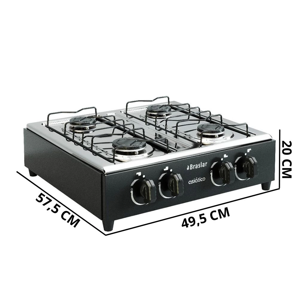 Fogão Portátil 4 Bocas A Gás Braslar Asiático com Mesa Inox Preto
