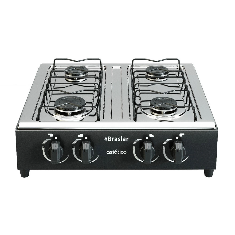 Fogão Portátil 4 Bocas A Gás Braslar Asiático com Mesa Inox Preto