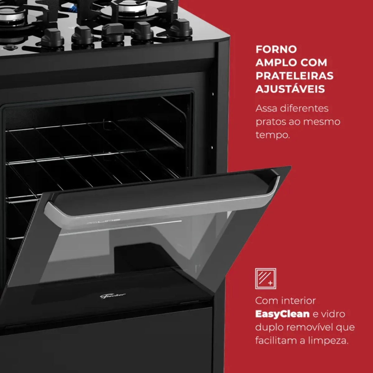 Fogao de Piso a Gas Fischer 4 Bocas Fit Line Trempe Iron Mesa Vidro Preto Bivolt Fogao de Piso a Gas Fischer 4 Bocas Fit Line Trempe Iron Mesa Vidro Preto Bivolt