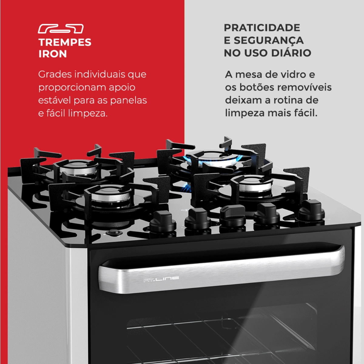 Fogao de Piso a Gas Fischer 4 Bocas Fit Line Trempe Iron Mesa Vidro Silver Bivolt Fogao de Piso a Gas Fischer 4 Bocas Fit Line Trempe Iron Mesa Vidro Silver Bivolt