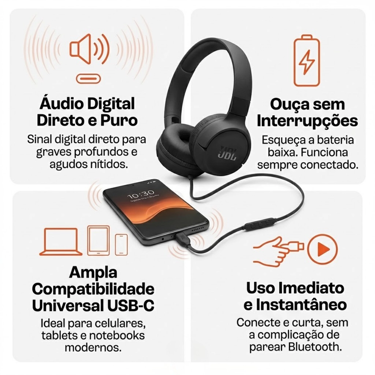 FONE DE OUVIDO HEADPHONE JBL TUNE 520C USB-C COM FIO MICROFONE FONE DE OUVIDO HEADPHONE JBL TUNE 520C USB-C COM FIO MICROFONE