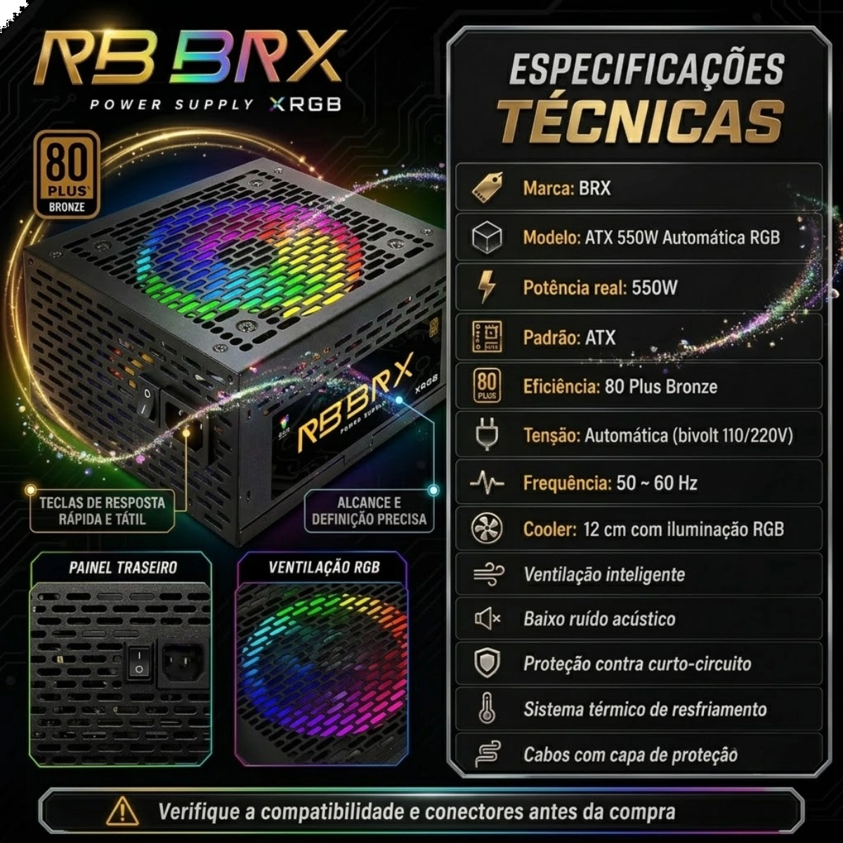 FONTE DE ALIMENTAÇÃO ATX550W BRX80 AUTOMÁTICA RGB RAINBOW PRETO