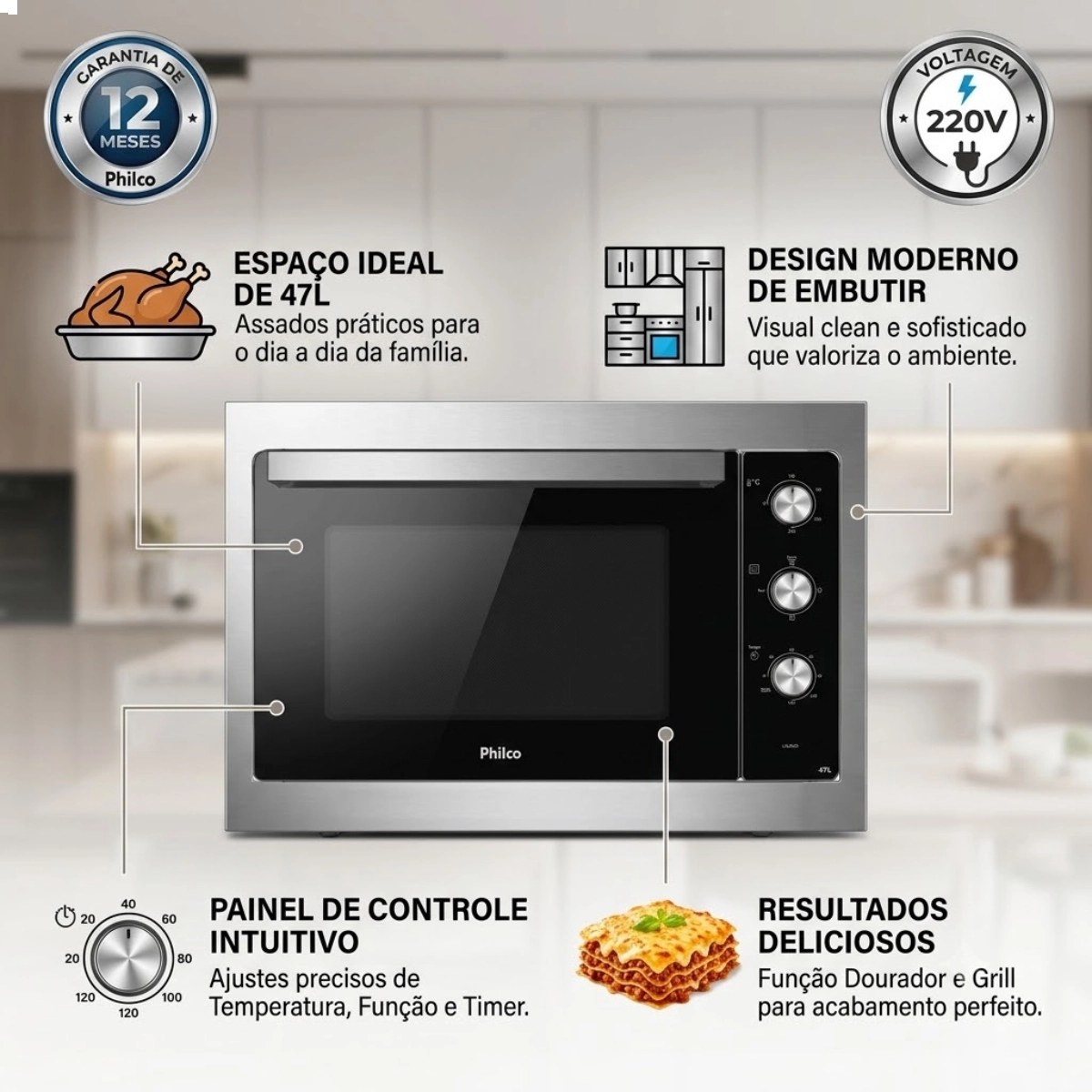 FORNO ELETRICO EMBUTIR PHILCO PFE47E 47L DUPLA RESISTENCIA 220V