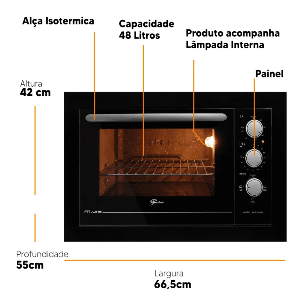 FORNO ELETRICO FISCHER 48L FIT LINE EMBUTIR 1775W PRETO 127V 
