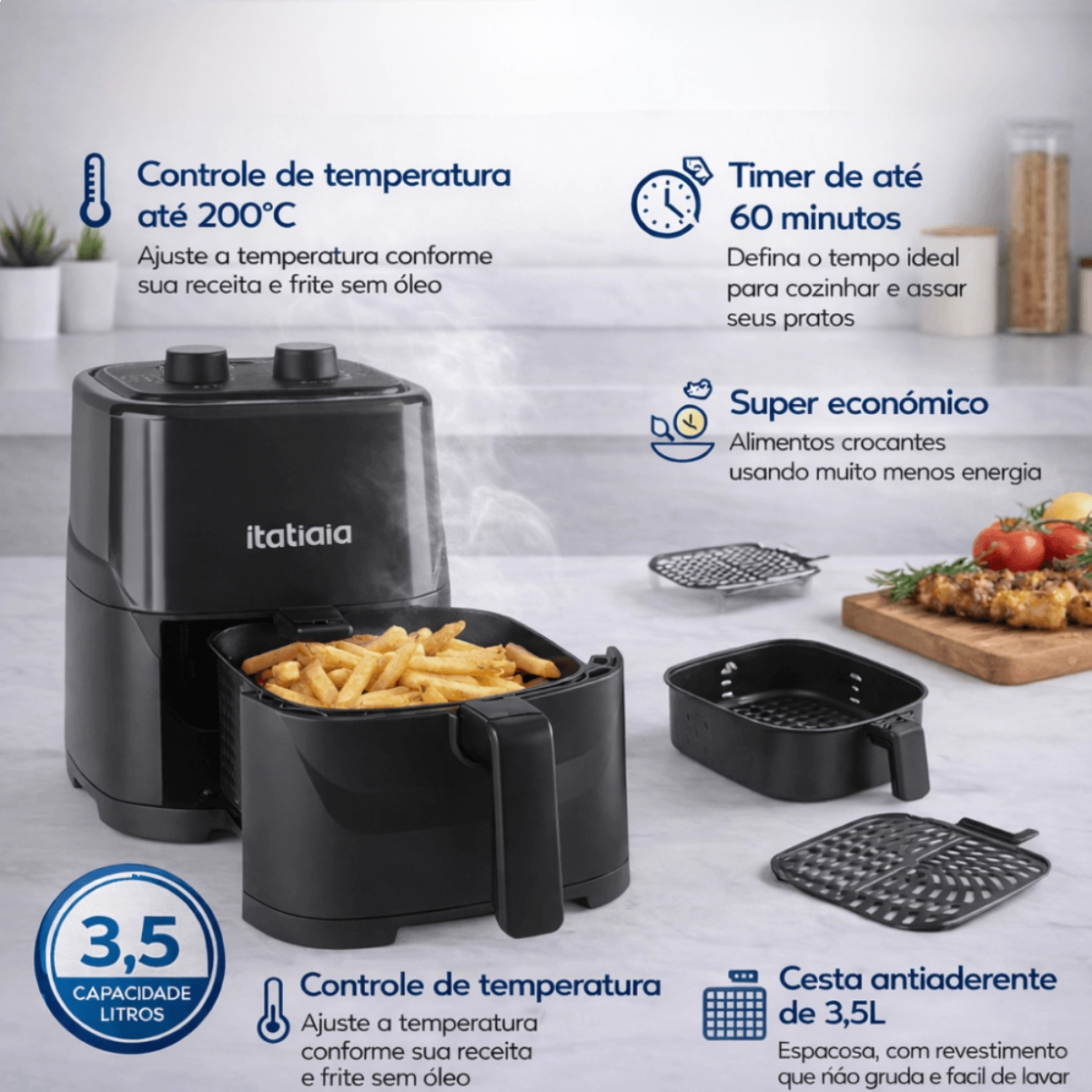 FRITADEIRA AIR FRYER ITATIAIA ANTIADERENTE 3,5L PRETA 127V 1300W COM TIMER