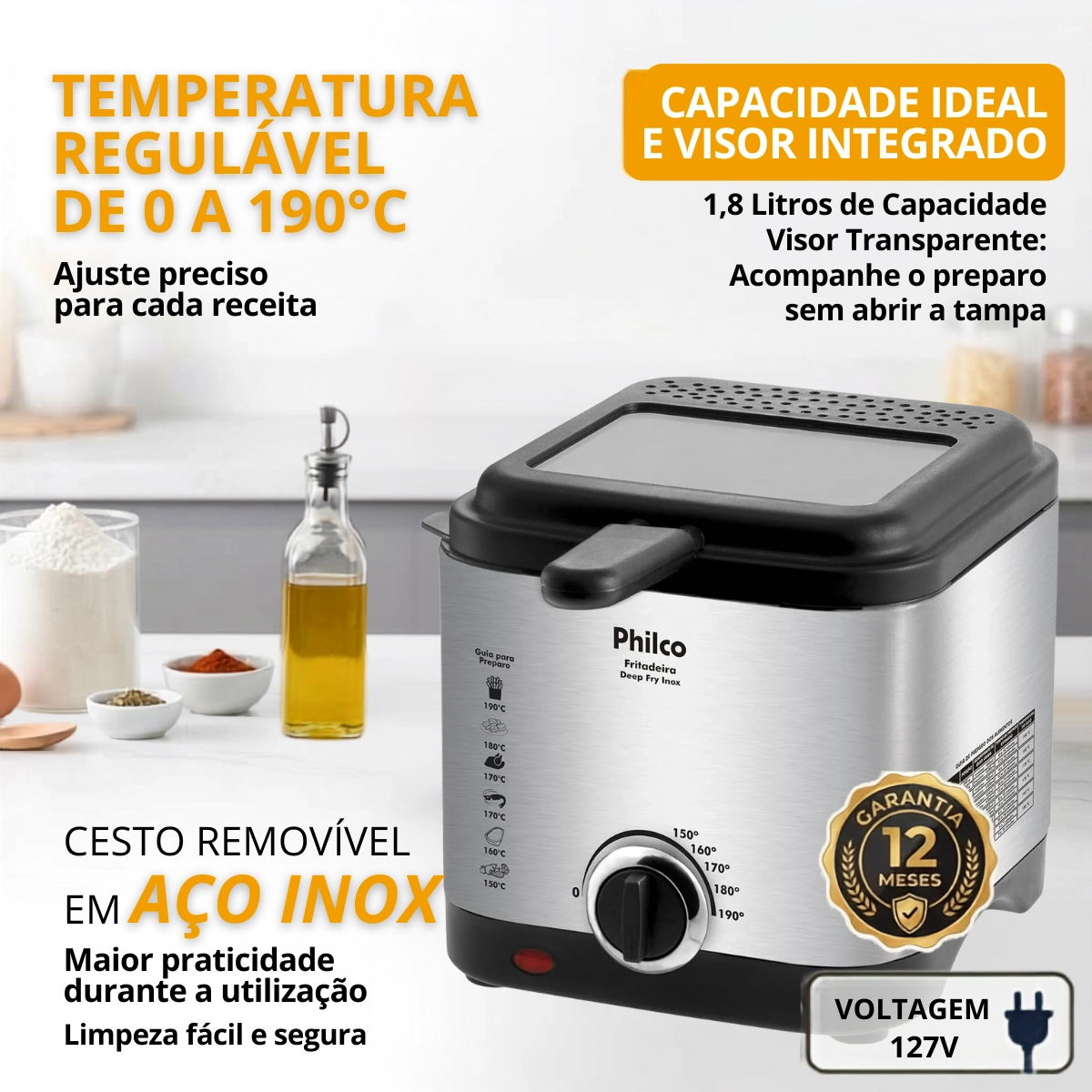 FRITADEIRA ELETRICA 1,8L PHILCO 900W DEEP FRY OLEO INOX 127V