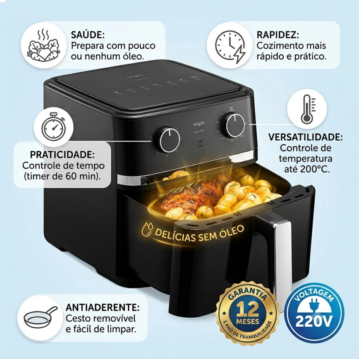 FRITADEIRA SEM OLEO AIR FRYER ELGIN 8L DIGITAL 1800W 127V FRITADEIRA SEM OLEO AIR FRYER ELGIN 8L DIGITAL 1800W 127V