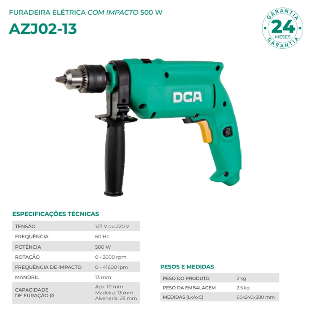 Furadeira de Impacto DCA 500W 1/2&quot; 220V AZJ02-13 Uso Profissional

