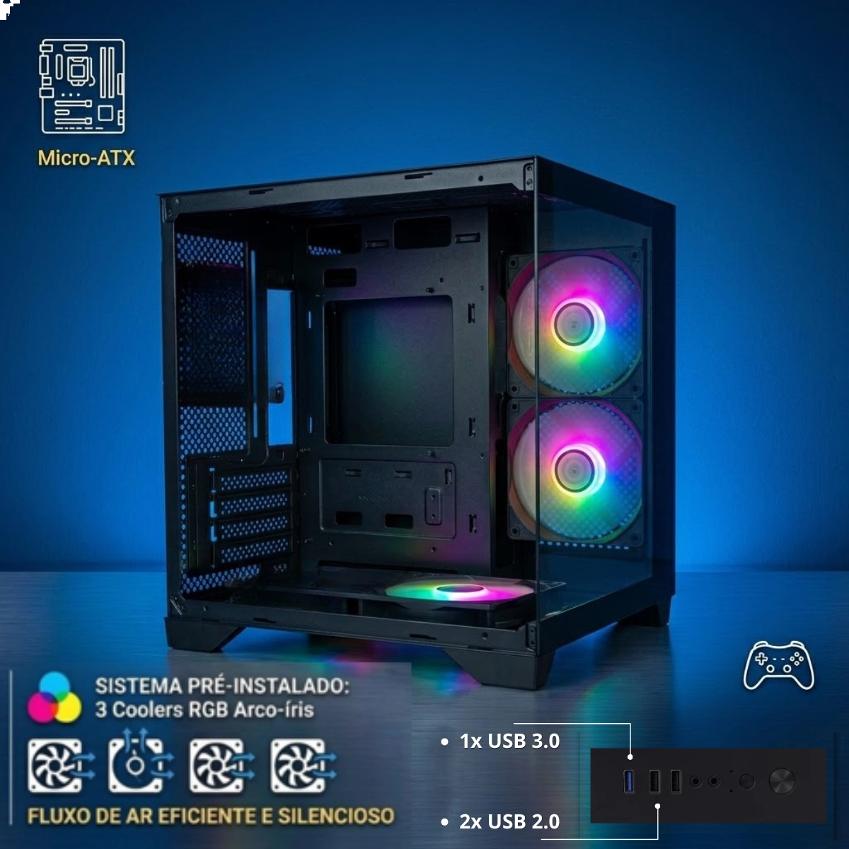 GABINETE MATX BRAZILPC GAMER AQUARIO BPC-240 BLACK COM 3 COOLER ARCO IRIS SEM FONTE