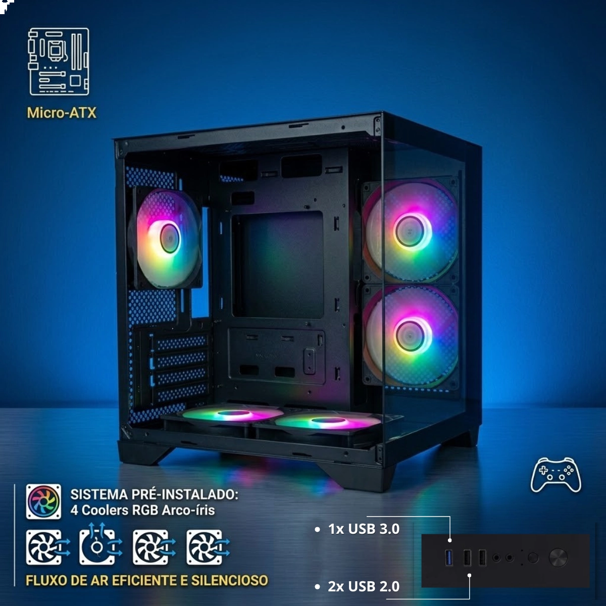 GABINETE MATX BRAZILPC GAMER AQUARIO BPC-240 PRETO COM 4 COOLER ARCO IRIS SEM FONTE