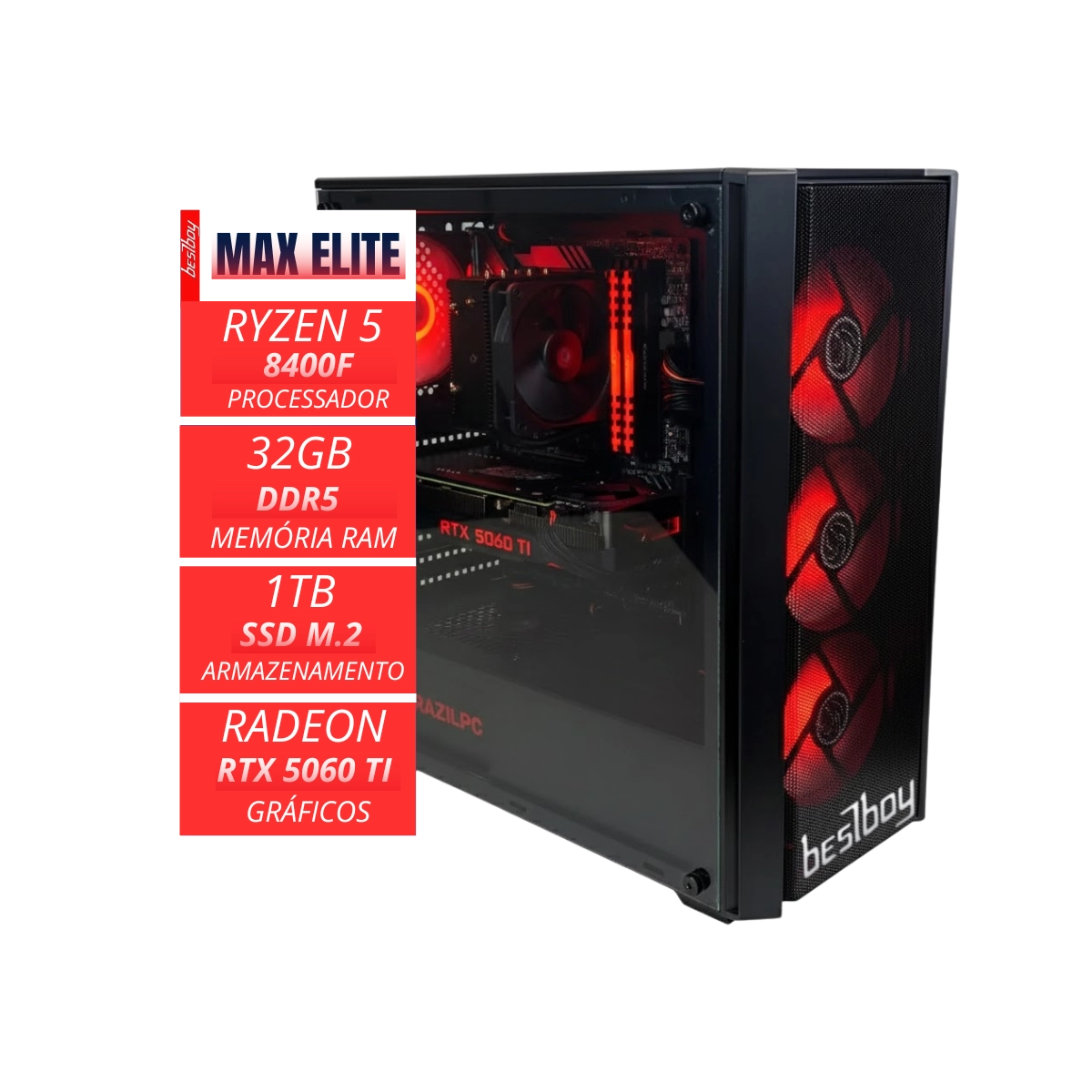 GAMER MAX ELITE BESTBOY RYZEN 5 8400F B650M 32GB SSD M.2 1TB FONTE 500W RTX5060 TI 128 BITS
