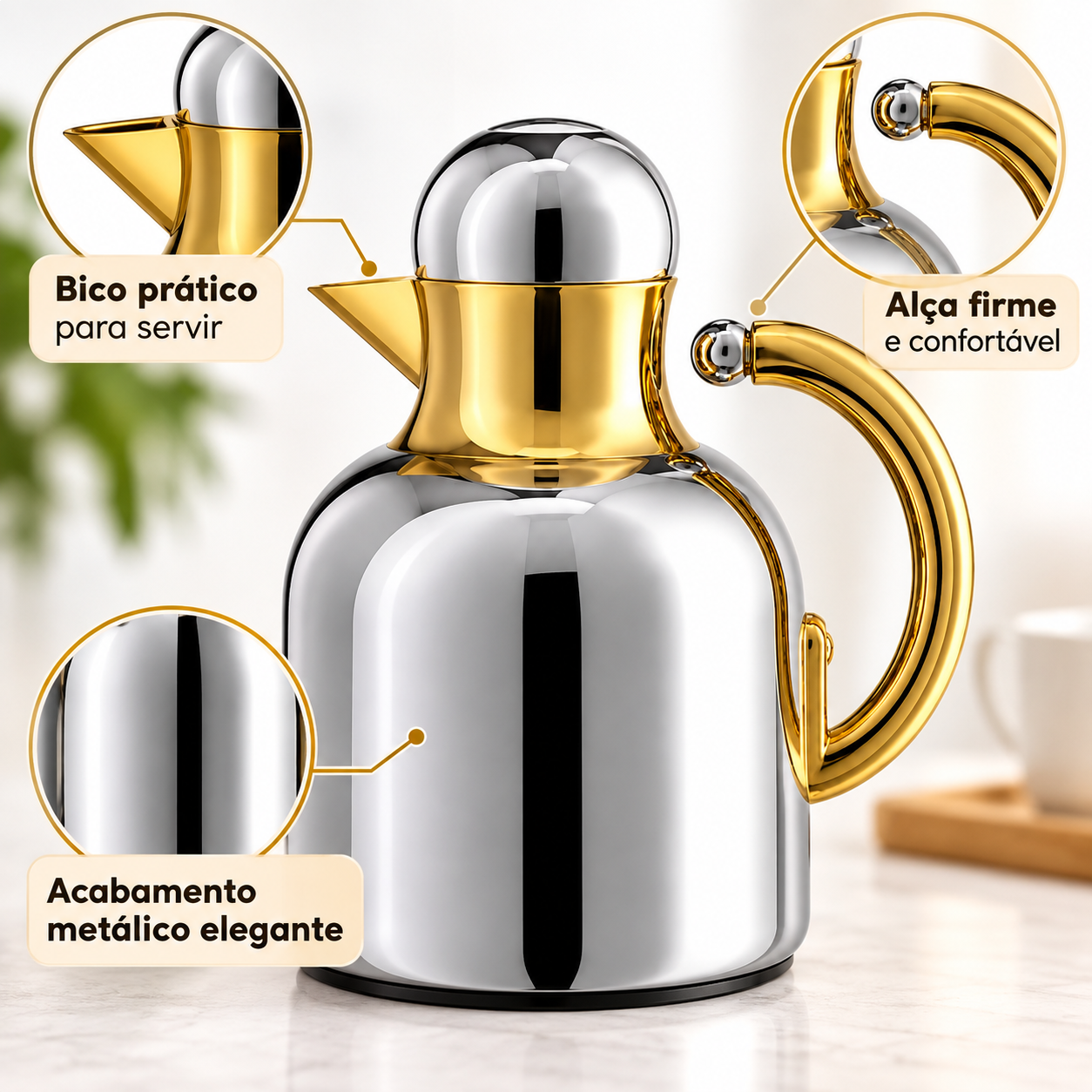 GARRAFA TÉRMICA RAVARO CROMO TUUT 600ML COM ALÇA E BICO SERVIDOR