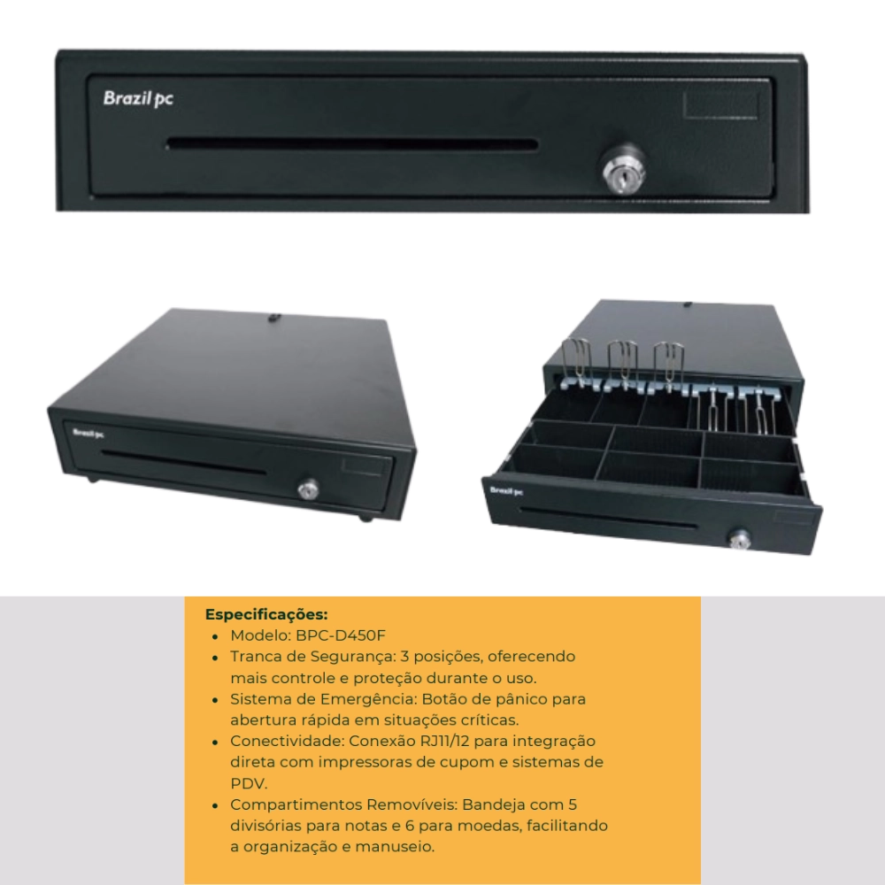 Gaveta de Dinheiro BrazilPC BPC-C410E Abertura Elétrica com Tranca de 3 Posições e Botão de Emergência