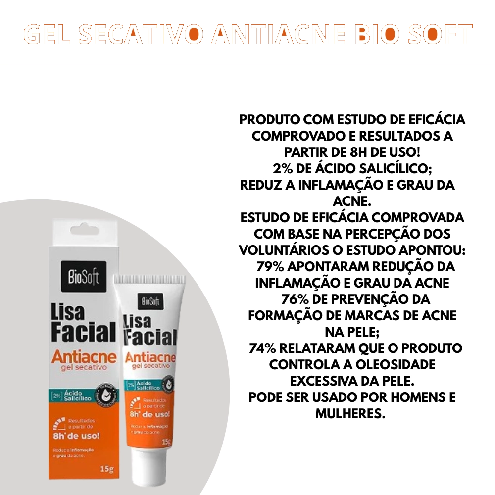 Gel Secativo Antiacne Bio Soft - Ácido Salicílico 2%  Redução de Espinhas 
