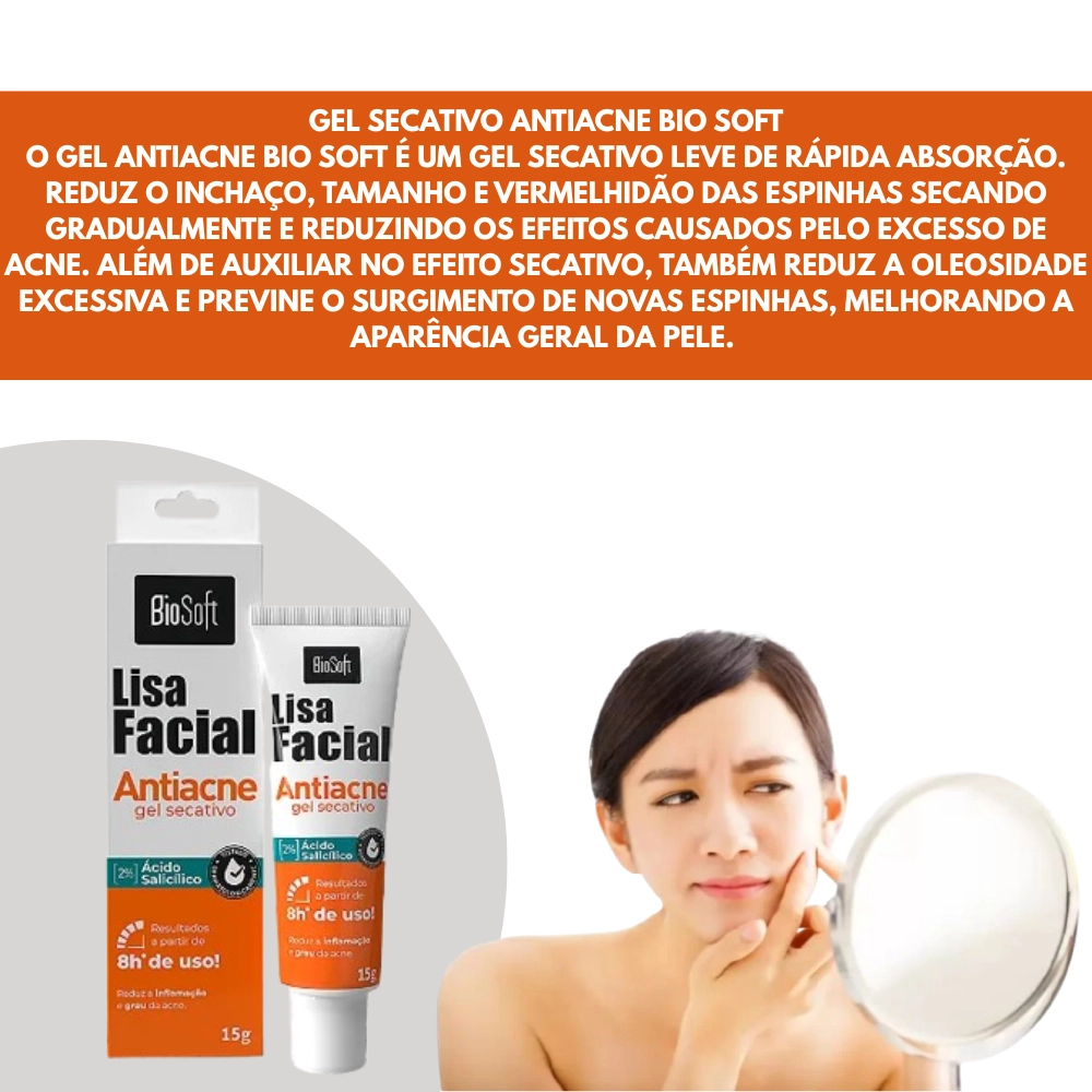 Gel Secativo Antiacne Bio Soft - Ácido Salicílico 2%  Redução de Espinhas 