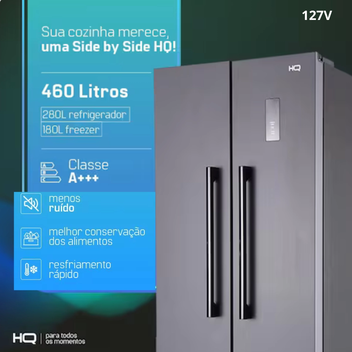GELADEIRA REFRIGERADOR HQ FROSTFREE SIDEBYSIDE CINZA 460 LITROS CZ HQ-460SBSF 127V