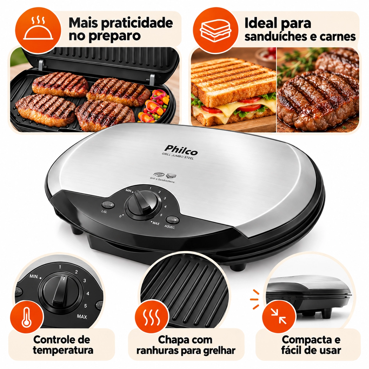 GRILL E SANDUICHEIRA PHILCO JUMBO STEEL N 1500W 127V INOX ANTIADERENTE