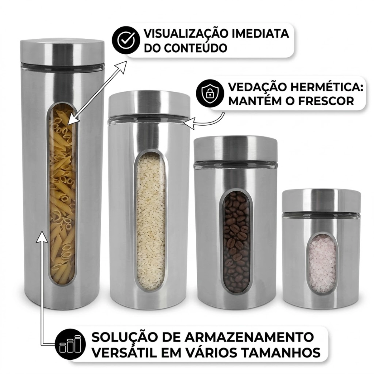 JOGO DE 4 POTES INOX VISOR VIDRO MIMO STYLE JOGO DE 4 POTES INOX VISOR VIDRO MIMO STYLE