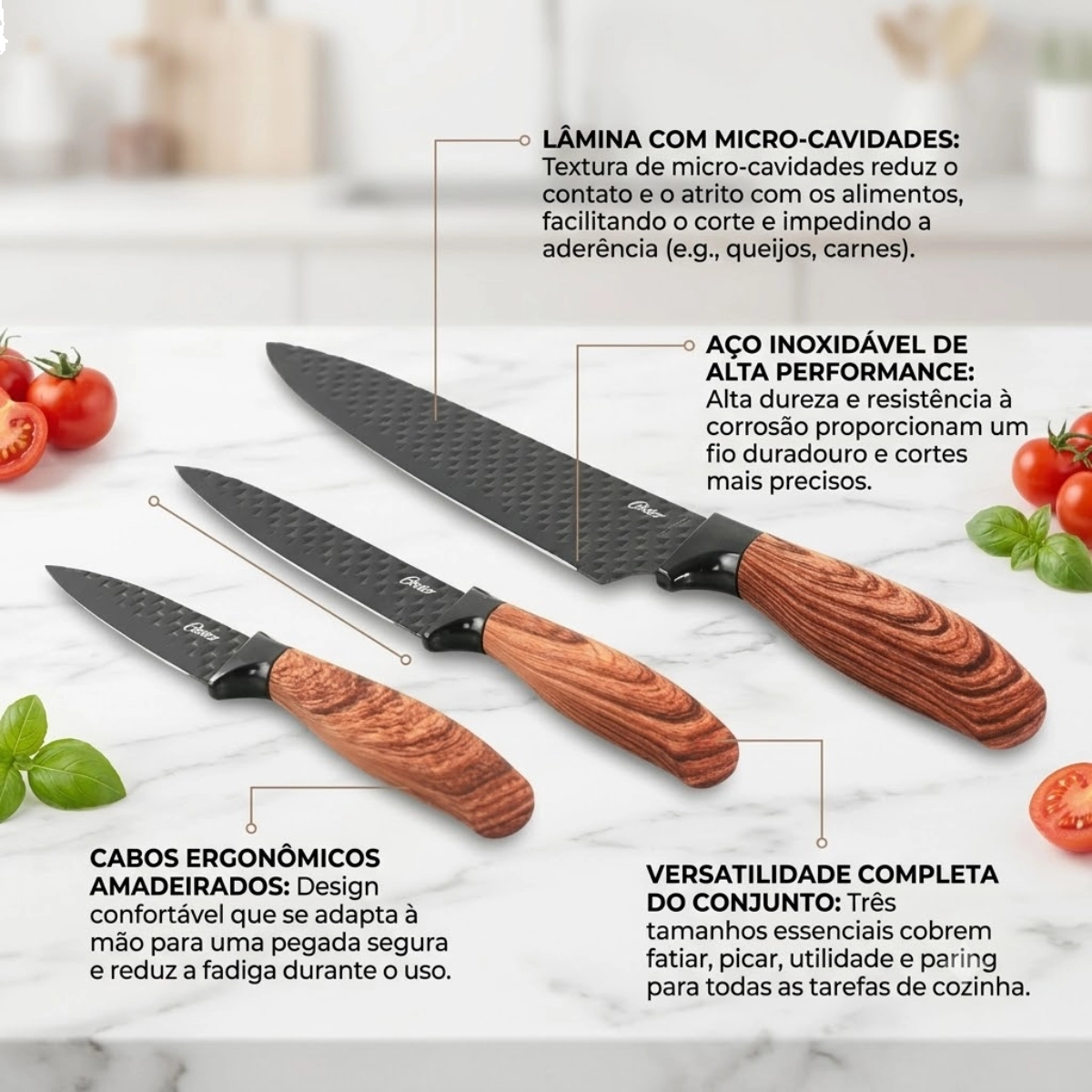 JOGO DE FACAS OSTER GUNDERSON 3 PEÇAS EM AÇO INOX ANTIADERENTE JOGO DE FACAS OSTER GUNDERSON 3 PEÇAS EM AÇO INOX ANTIADERENTE