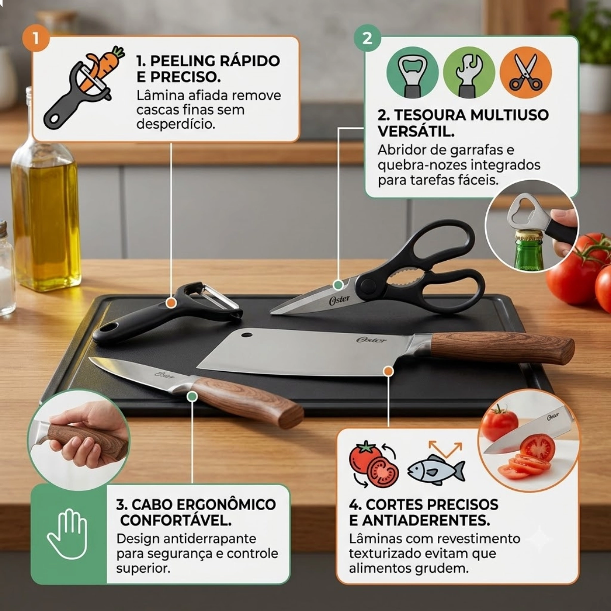 JOGO DE FACAS OSTER GUNDERSON 5 PEÇAS INOX ANTIADERENTE COM TÁBUA E CUTELO PROFISSIONAL JOGO DE FACAS OSTER GUNDERSON 5 PEÇAS INOX ANTIADERENTE COM TÁBUA E CUTELO PROFISSIONAL