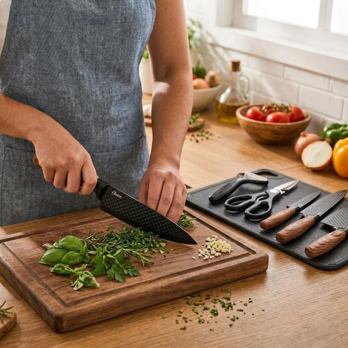 JOGO DE FACAS OSTER GUNDERSON 5 PEÇAS INOX ANTIADERENTE COM TÁBUA E CUTELO PROFISSIONAL JOGO DE FACAS OSTER GUNDERSON 5 PEÇAS INOX ANTIADERENTE COM TÁBUA E CUTELO PROFISSIONAL